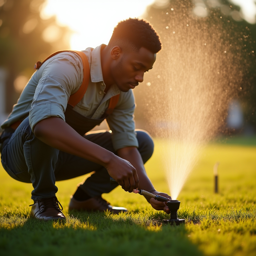 Technician inspecting an irrigation sprinkler head in a residential lawn