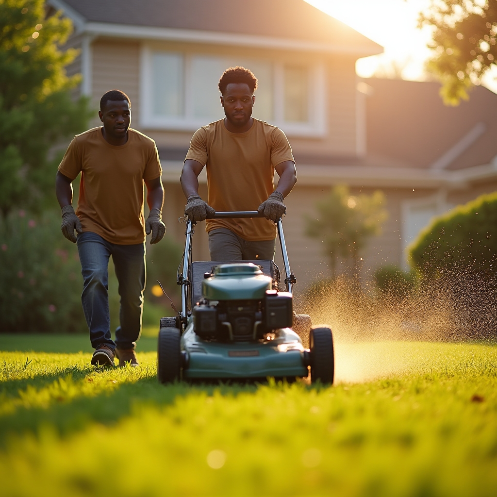 Landscaping crew mowing a residential front lawn in the morning light