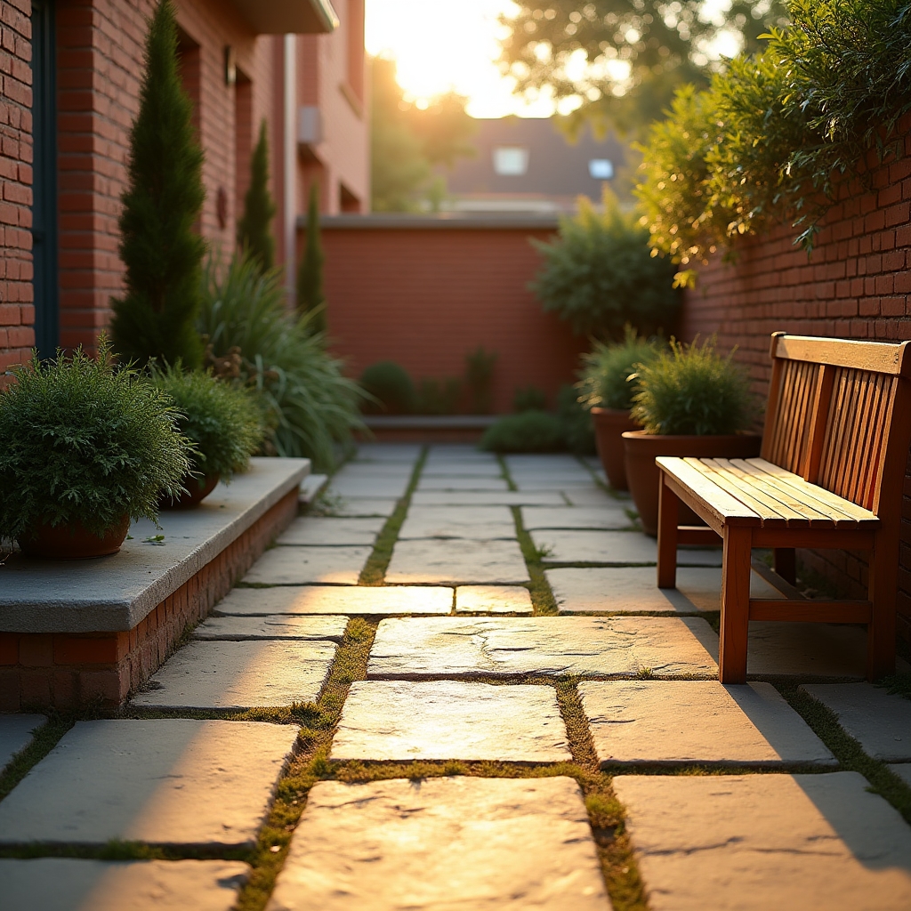 Small landscaped patio space with potted plants and stone pavers
