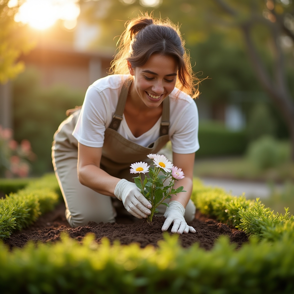 Gardener planting seasonal flowers into a freshly prepared garden bed