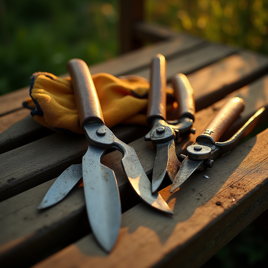 Close-up of landscaping hand tools arranged on a garden bench